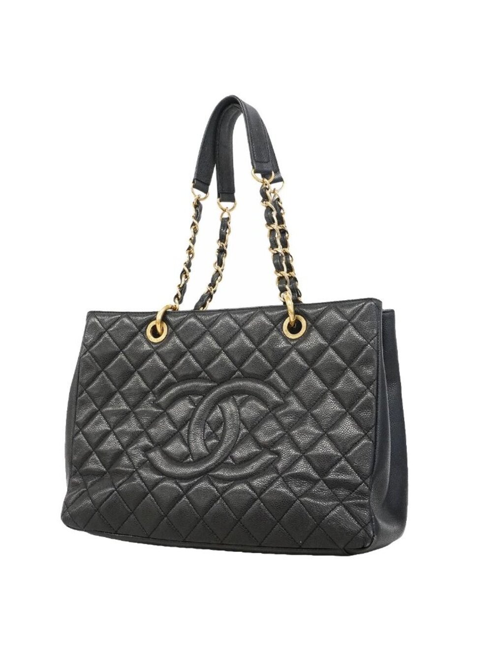 Chanel Chain Tote Bag Quilted Caviar Leather Black Gold